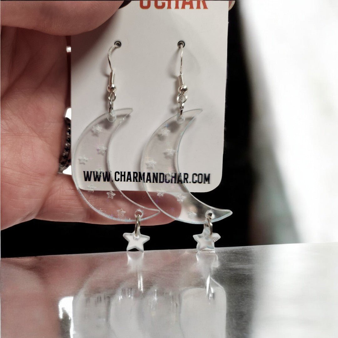 Moon & Star Shimmer Earrings - Dangle Earring - Charm and Char