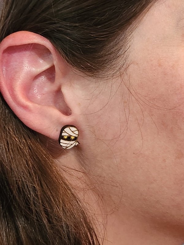 Mummy Wood Stud Earrings - Halloween Fashion Earring - Stud Earring - Charm and Char