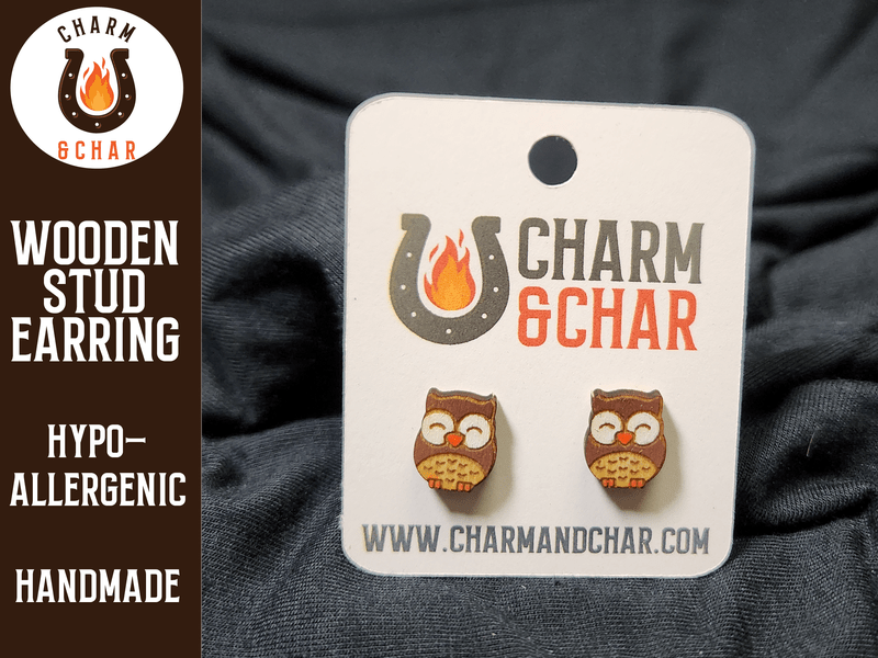 Owl Wood Stud Earrings - Animal Fashion Earring - Stud Earring - Charm and Char