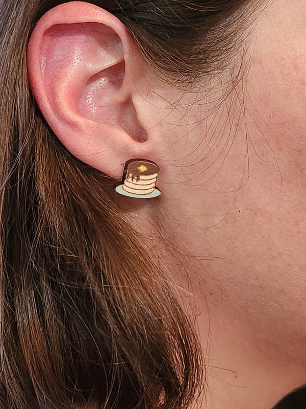 Pancakes Wood Stud Earrings - Food Fashion Earring - Stud Earring - Charm and Char