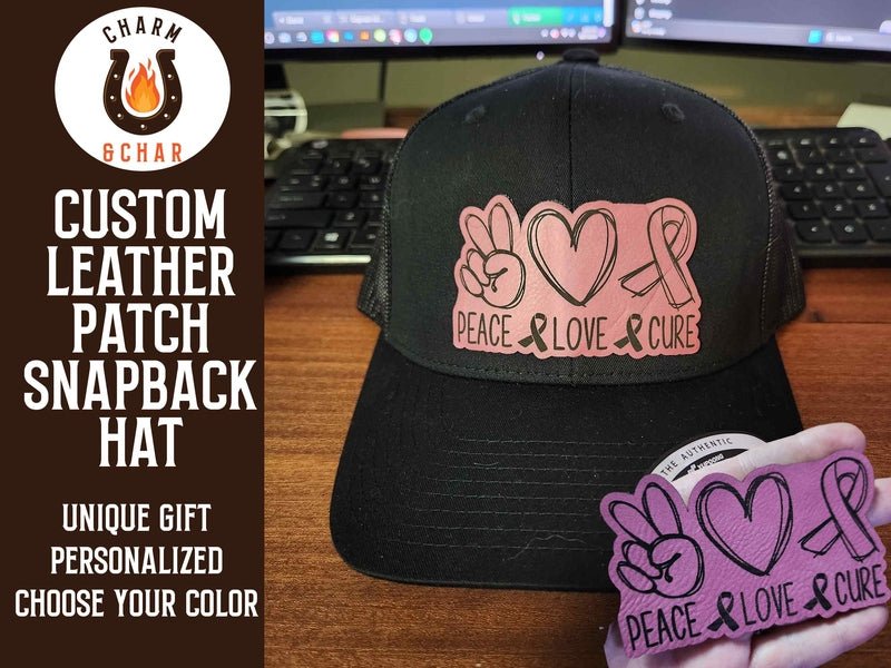 Peace Love Cure Breast Cancer Awareness Leather Patch Trucker Hats - Classic Colors - Trucker Hat - Charm and Char
