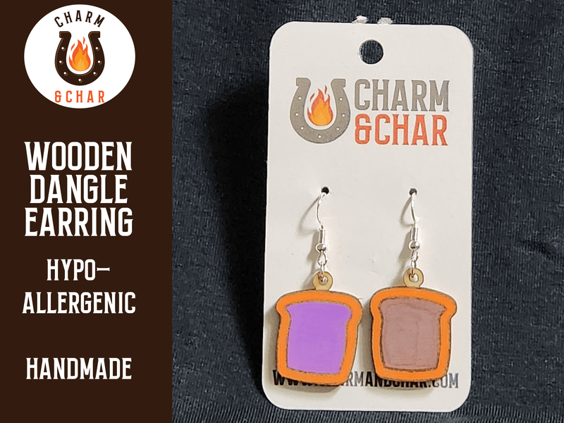 Peanut Butter and Jelly Wood Dangle Earrings - Food Fashion Earring - Dangle Earring - Charm and Char
