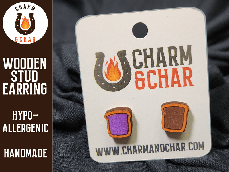 Peanut Butter and Jelly Wood Stud Earrings - Food Fashion Earring - Stud Earring - Charm and Char