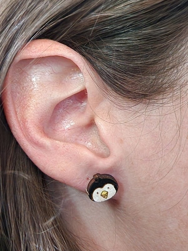 Penguin Wood Stud Earrings - Animal Fashion Earring - Stud Earring - Charm and Char