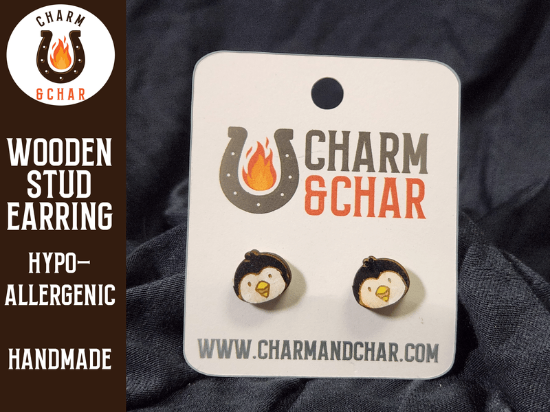 Penguin Wood Stud Earrings - Animal Fashion Earring - Stud Earring - Charm and Char