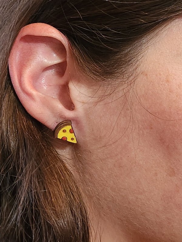 Pepperoni Pizza Wood Stud Earrings - Food Fashion Earring - Stud Earring - Charm and Char