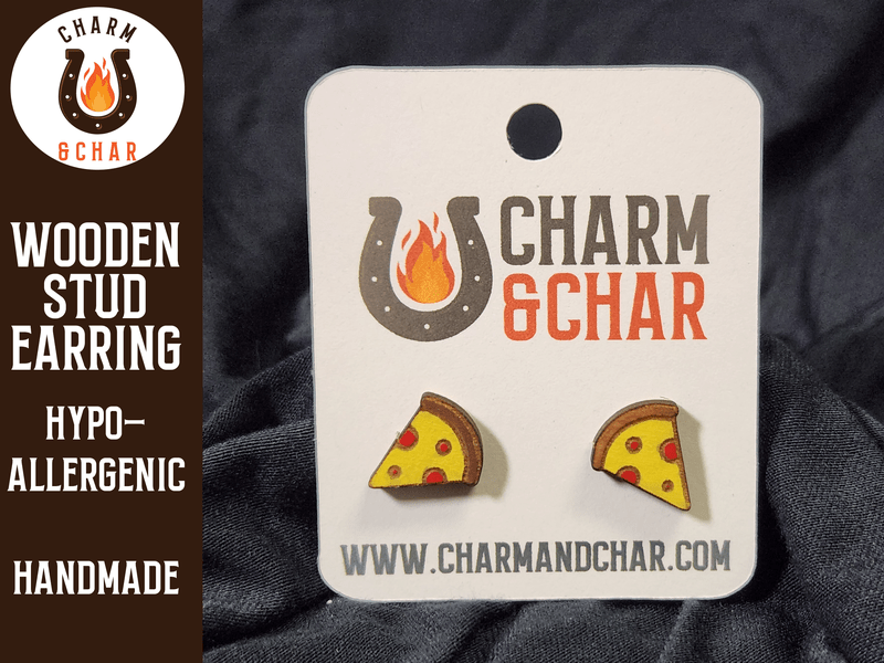 Pepperoni Pizza Wood Stud Earrings - Food Fashion Earring - Stud Earring - Charm and Char