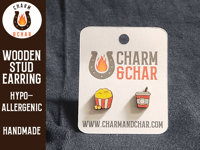 Perfect Match Wood Stud Earrings - Popcorn and Soda - Food Fashion Earring - Stud Earring - Charm and Char
