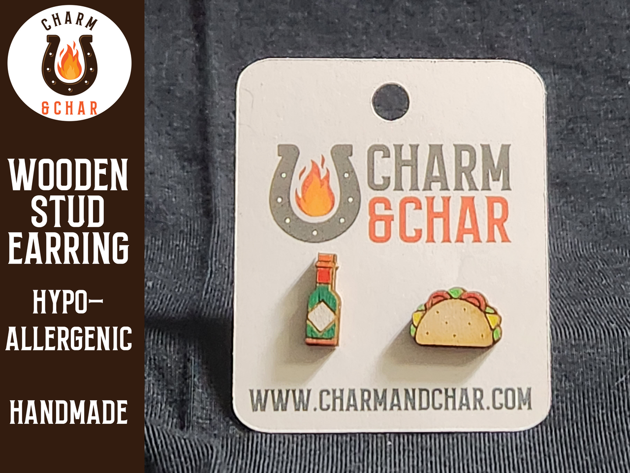 Perfect Match Wood Stud Earrings - Taco and Hot Sauce - Food Fashion Earring