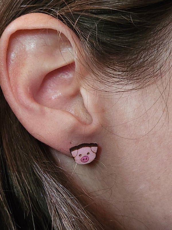 Pig Wood Stud Earrings - Animal Fashion Earring - Stud Earring - Charm and Char