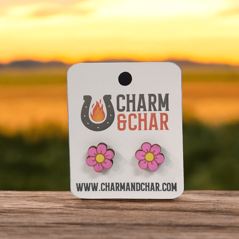 Pink Flower Wood Stud Earrings - Stud Earring - Charm and Char