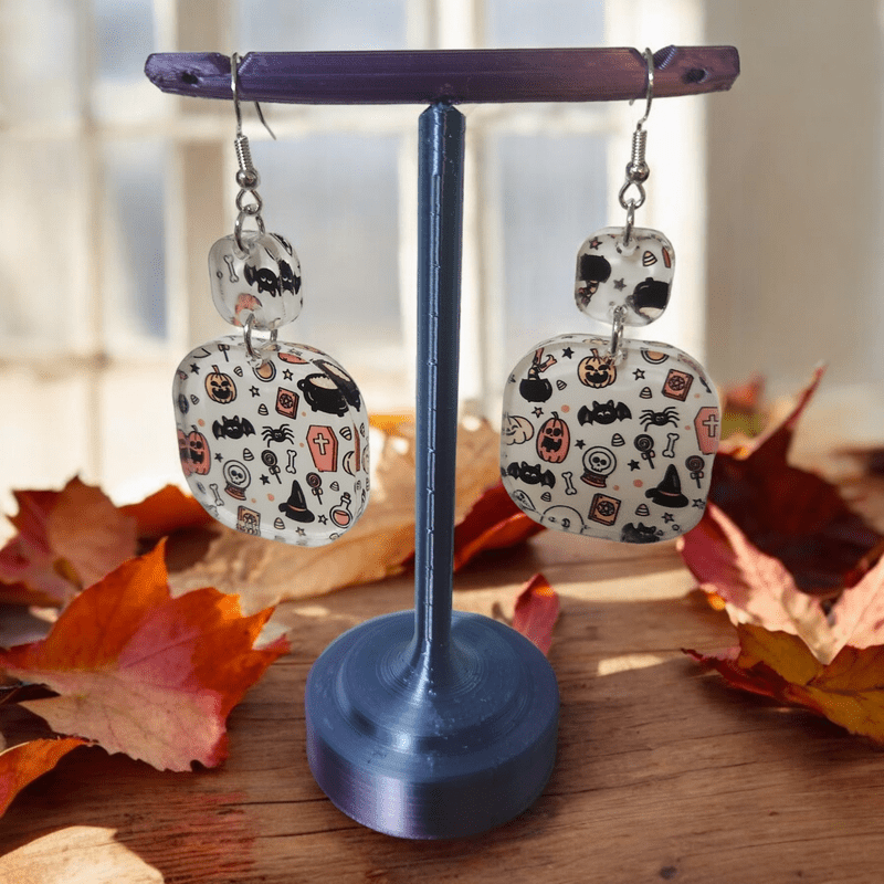 Pink Halloween Acrylic Dangle Earrings - Unique Hand Designed Jewelry - Dangle Earring - Charm and Char