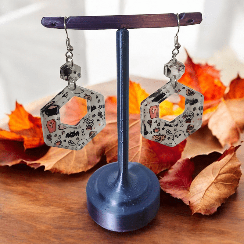 Pink Halloween Acrylic Dangle Earrings - Unique Hand Designed Jewelry - Dangle Earring - Charm and Char