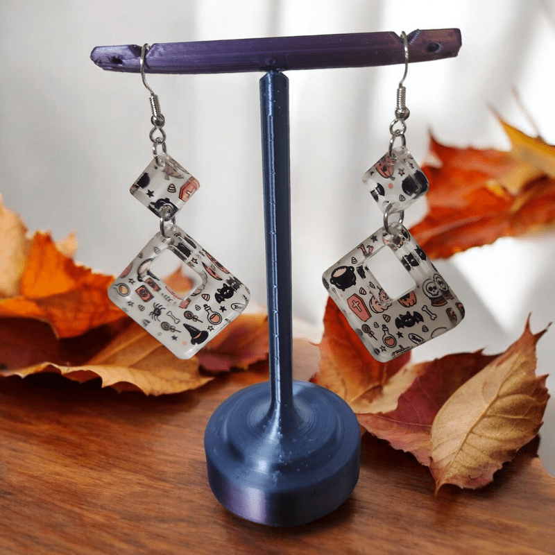Pink Halloween Acrylic Dangle Earrings - Unique Hand Designed Jewelry - Dangle Earring - Charm and Char