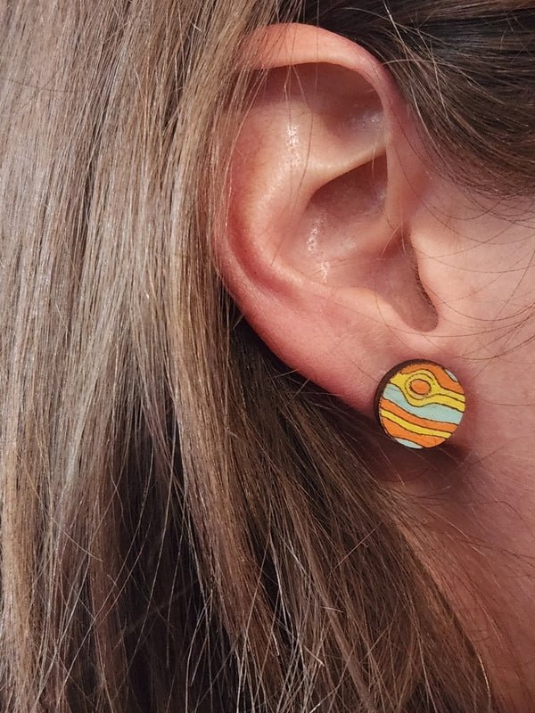 Planet Wood Stud Earrings - Astronomy Fashion Earring - Stud Earring - Charm and Char