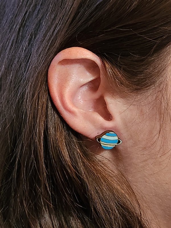 Planet Wood Stud Earrings - Astronomy Fashion Earring - Stud Earring - Charm and Char