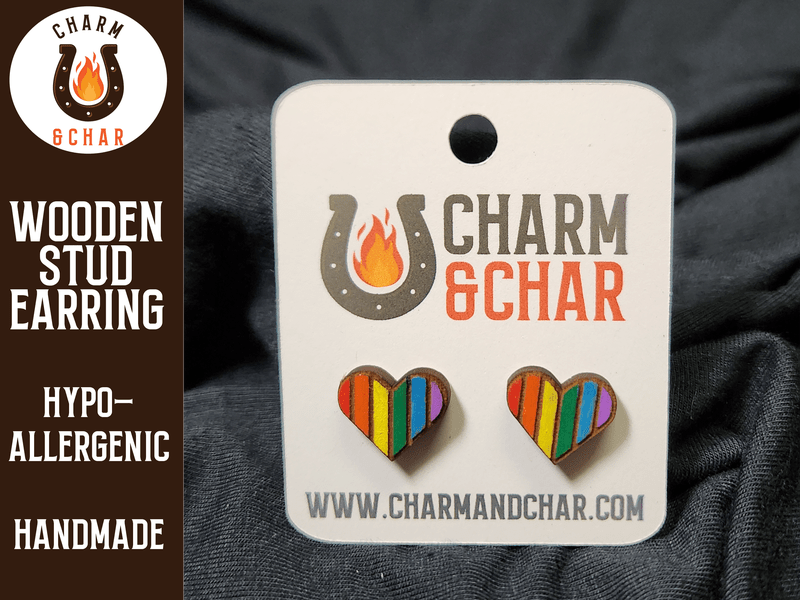 Pride Heart with Rainbow Wood Stud Earrings - Pride Fashion Earring - Stud Earring - Charm and Char