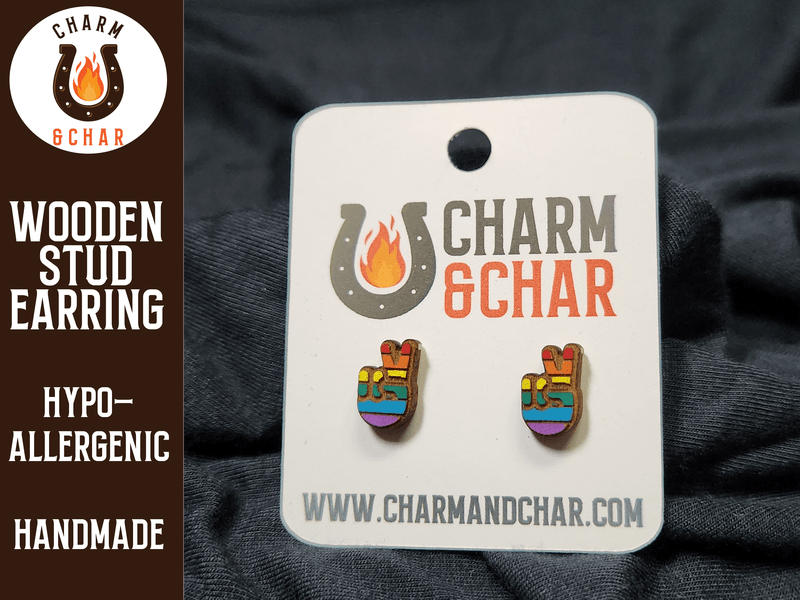 Pride Rainbow Peace Sign Hand Wood Stud Earrings - Pride Fashion Earring - Stud Earring - Charm and Char