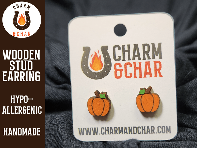 Pumpkin Wood Stud Earrings - Autumn Fashion Earring - Stud Earring - Charm and Char