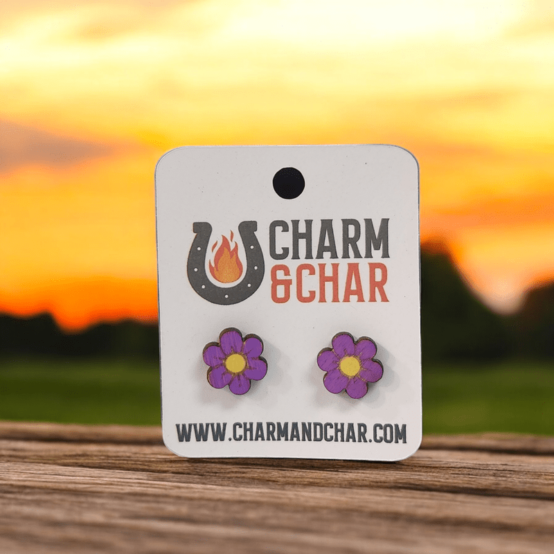 Purple Flower Wood Stud Earrings - Stud Earring - Charm and Char