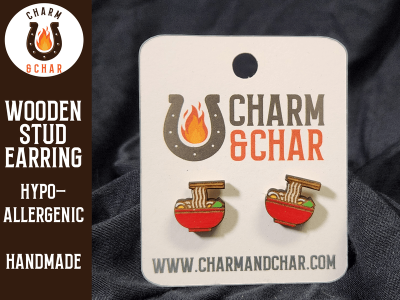 Ramen Wood Stud Earrings - Food Fashion Earring - Stud Earring - Charm and Char