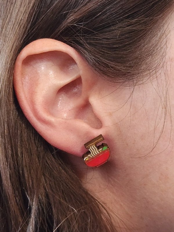 Ramen Wood Stud Earrings - Food Fashion Earring - Stud Earring - Charm and Char