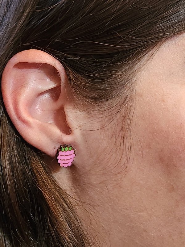Raspberry Wood Stud Earrings - Fruit Fashion Earring - Stud Earring - Charm and Char