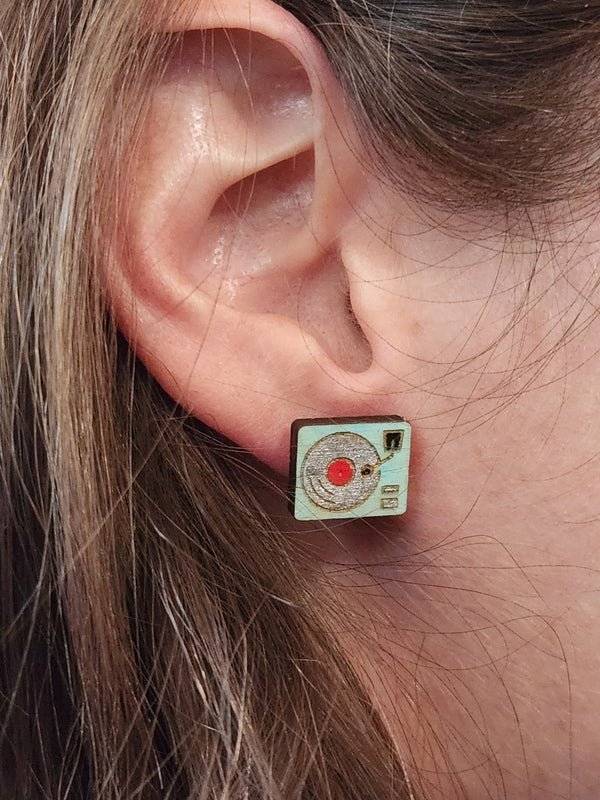 Record Player Wood Stud Earrings - Music Fashion Earring - Stud Earring - Charm and Char