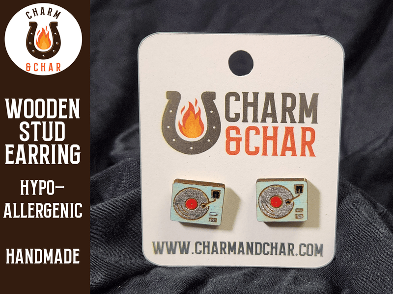 Record Player Wood Stud Earrings - Music Fashion Earring - Stud Earring - Charm and Char