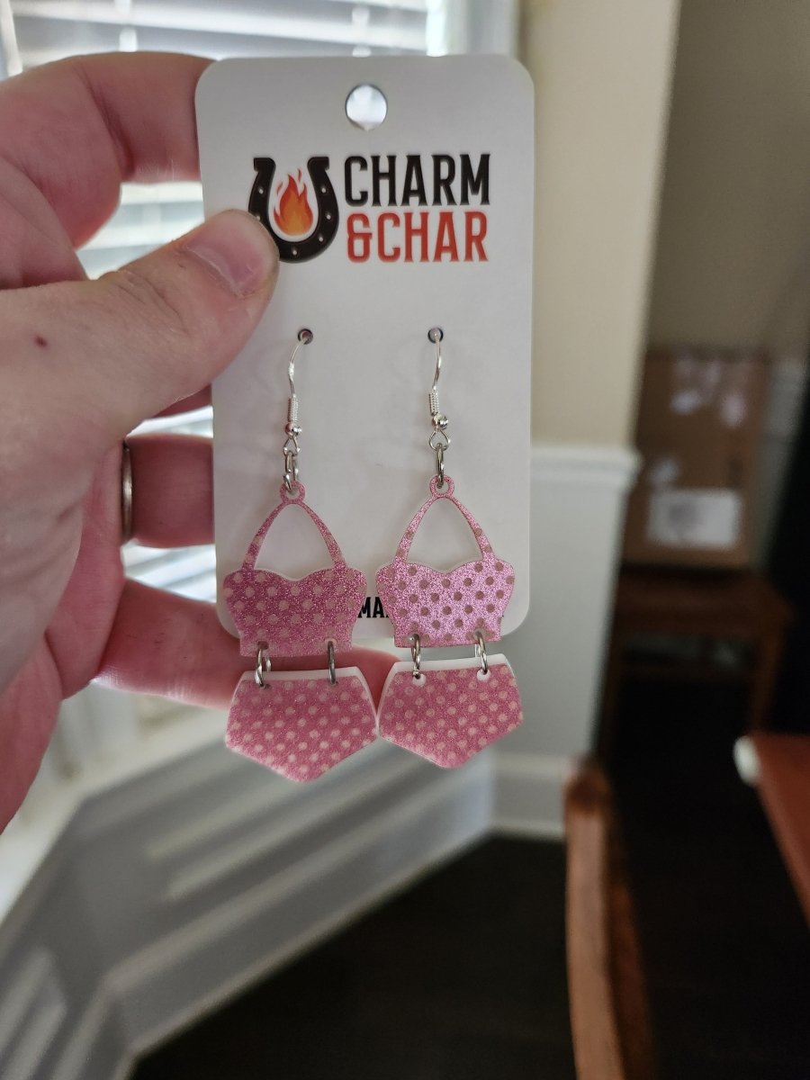 Retro Pink Swimsuit Earrings – Fun Summer Statement Jewelry - Dangle Earring - Charm and Char