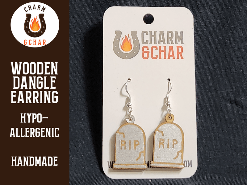 RIP Grave Wood Dangle Earrings - Halloween Fashion Earring - Dangle Earring - Charm and Char