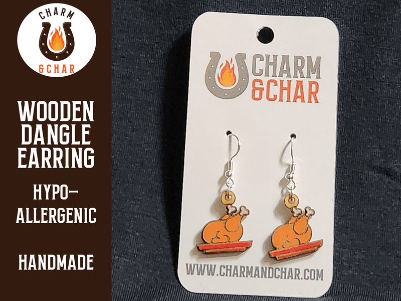 Roasted Turkey Wood Dangle Earrings - Thanksgiving Fashion Earring - Dangle Earring - Charm and Char