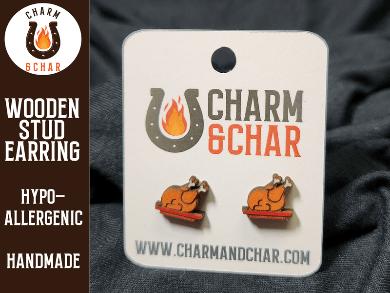 Roasted Turkey Wood Stud Earrings - Thanksgiving Fashion Earring - Stud Earring - Charm and Char