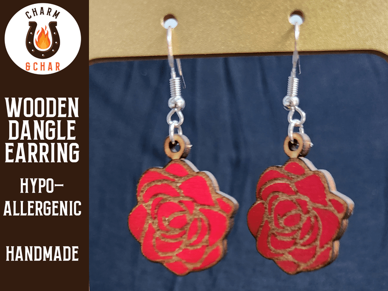 Rose Wood Dangle Earrings - Flower Fashion Earring - Dangle Earring - Charm and Char