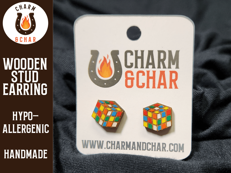 Rubik's Cube Wood Stud Earrings - Lifestyle Fashion Earring - Stud Earring - Charm and Char