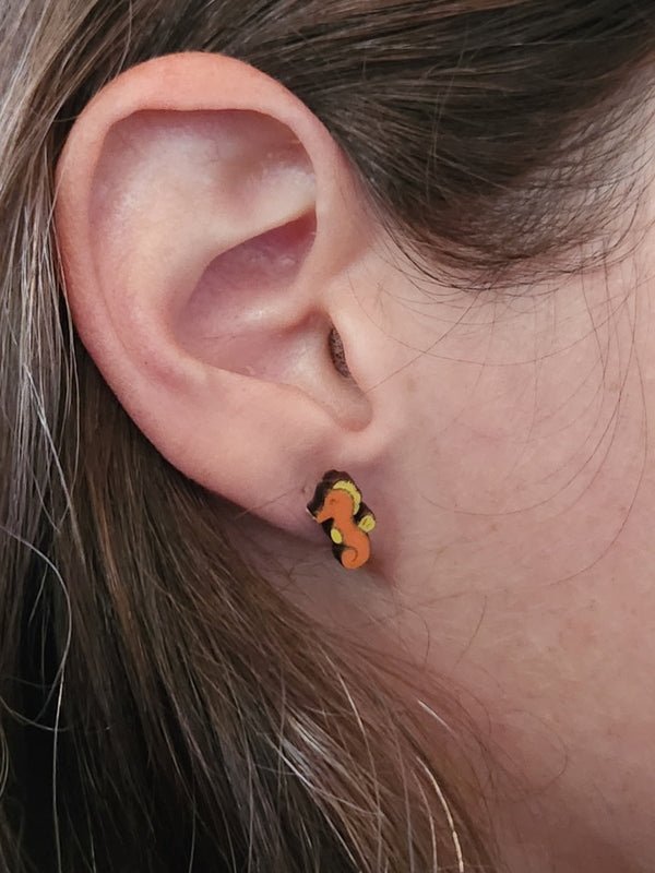 Seahorse Wood Stud Earrings - Animal Fashion Earring - Stud Earring - Charm and Char