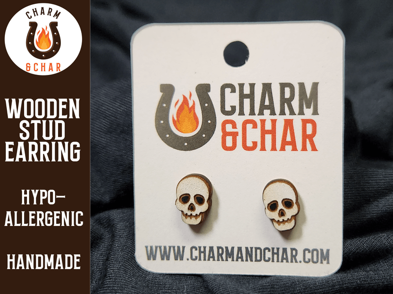 Skull Wood Stud Earrings - Halloween Fashion Earring - Stud Earring - Charm and Char