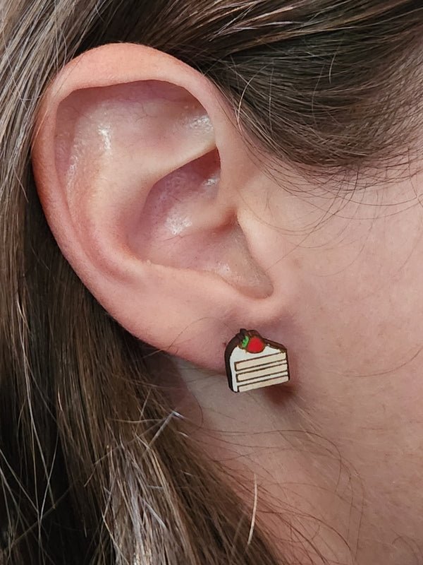Slice of Cake Wood Stud Earrings - Food Fashion Earring - Stud Earring - Charm and Char