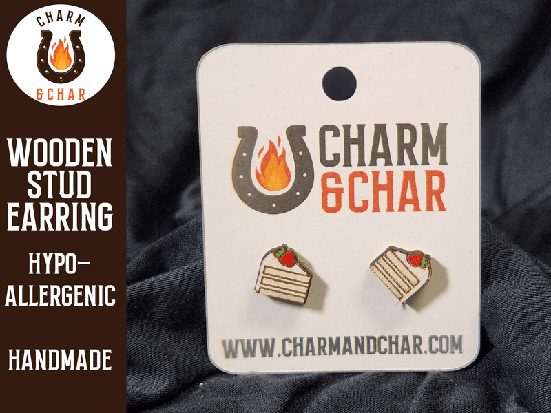 Slice of Cake Wood Stud Earrings - Food Fashion Earring - Stud Earring - Charm and Char