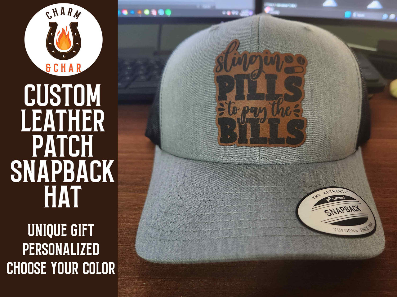 Slinging Pills to Pay the Bills Leather Patch Trucker Hat for Pharmacist