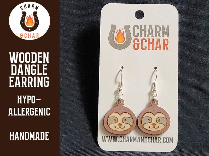 Sloth Face Wood Dangle Earrings - Animal Fashion Earring - Dangle Earring - Charm and Char