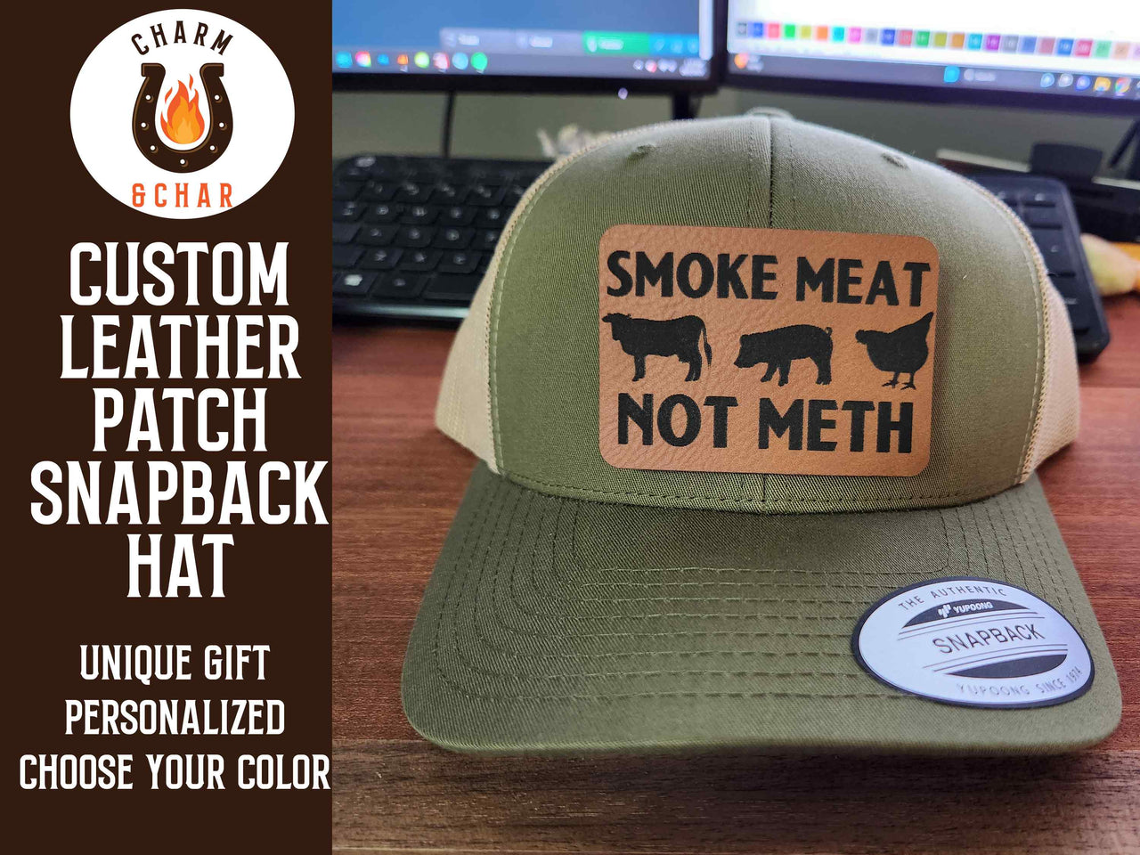 Smoke Meat not Meth Leather Patch Trucker Hat for Grill Masters