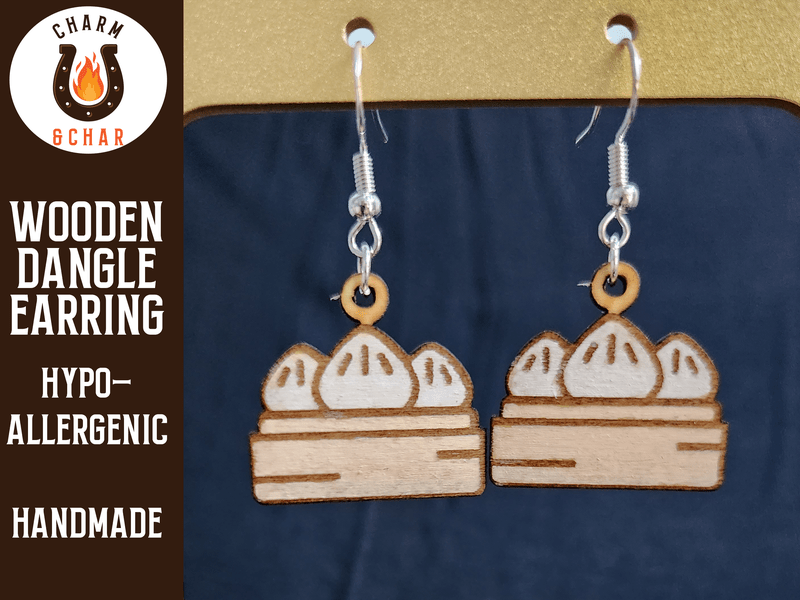 Soup Dumpling Wood Dangle Earrings - Food Fashion Earring - Dangle Earring - Charm and Char