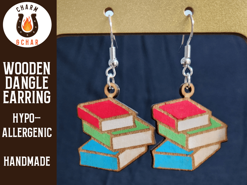Stack of Books Wood Dangle Earrings - Back to School Fashion Earring - Dangle Earring - Charm and Char