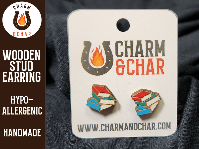 Stack of Books Wood Stud Earrings - Bookworm Fashion Earring - Earring - Charm and Char