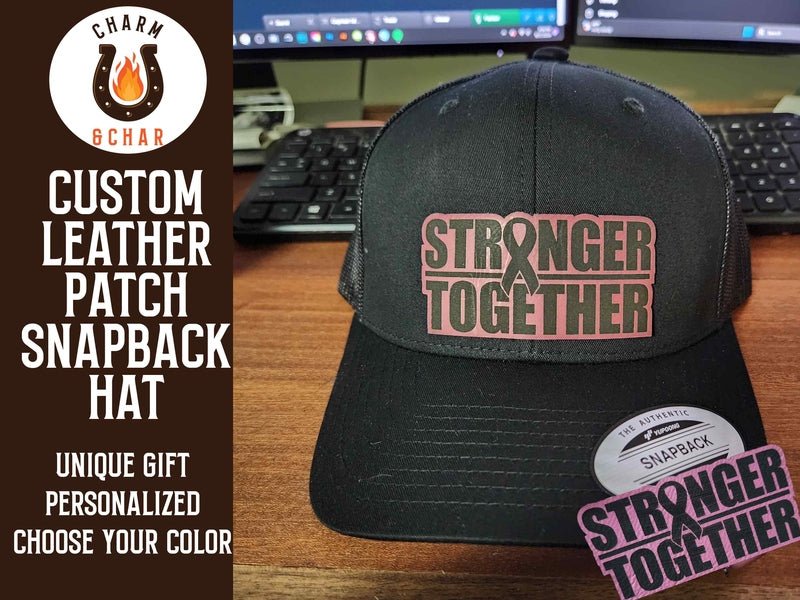 Stronger Together Breast Cancer Awareness Leather Patch Trucker Hats - Classic Colors - Trucker Hat - Charm and Char