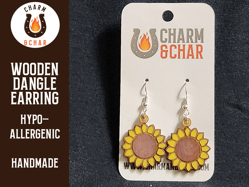 Sunflower Wood Dangle Earrings - Flower Fashion Earring - Dangle Earring - Charm and Char