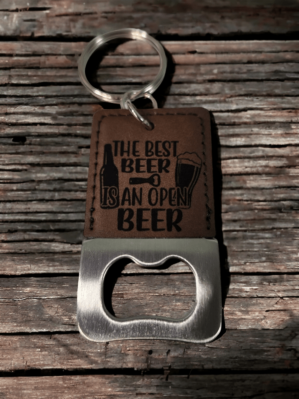The Best Beer is an Open Beer Bottle Opener Keychain - Engraved Leatherette Design - Keychain - Charm and Char