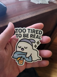 Thumbnail for Too Tired to Be Real Ghost Sticker – Sleepy Ghost with Bubble Tea - Sticker - Charm and Char