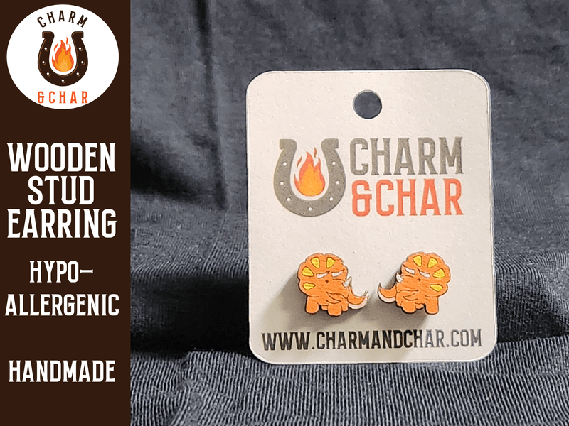 Triceratops Wood Stud Earrings - Dinosaur Fashion Earring - Stud Earring - Charm and Char